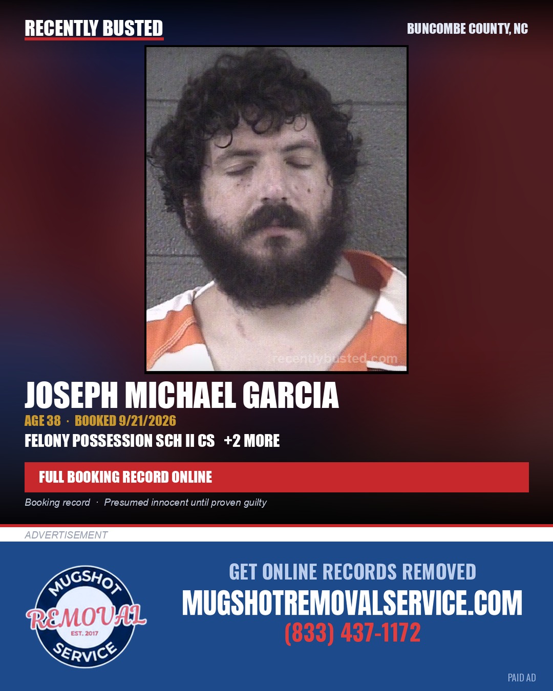 JOSEPH MICHAEL GARCIA — arrest record card, Buncombe County, North Carolina