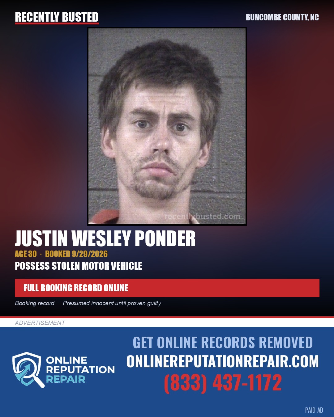 JUSTIN WESLEY PONDER — arrest record card, Buncombe County, North Carolina