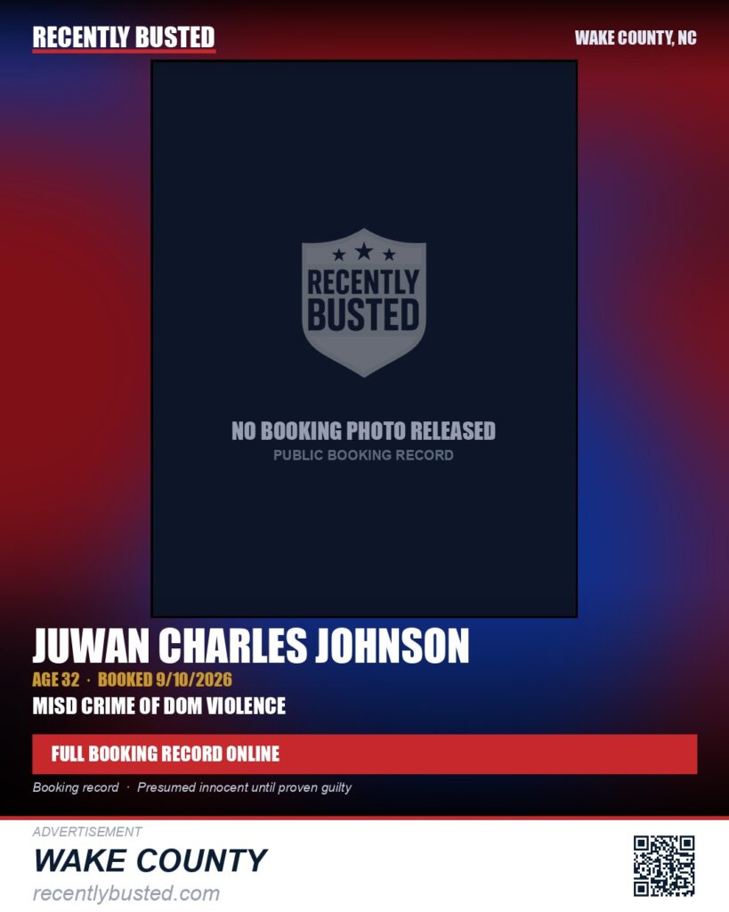 JUWAN CHARLES JOHNSON — arrest record card, Wake County, North Carolina