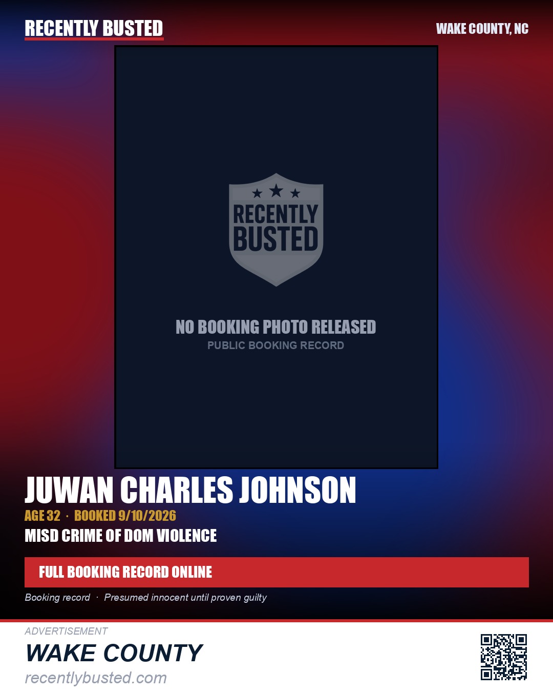 JUWAN CHARLES JOHNSON — arrest record card, Wake County, North Carolina