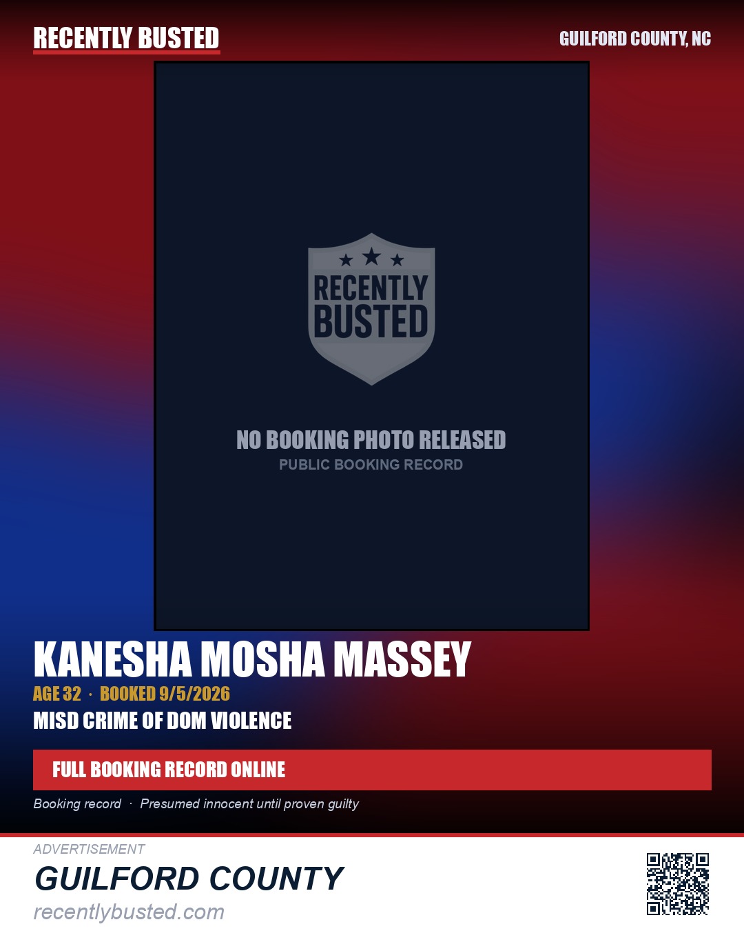 KANESHA MOSHA MASSEY — arrest record card, Guilford County, North Carolina