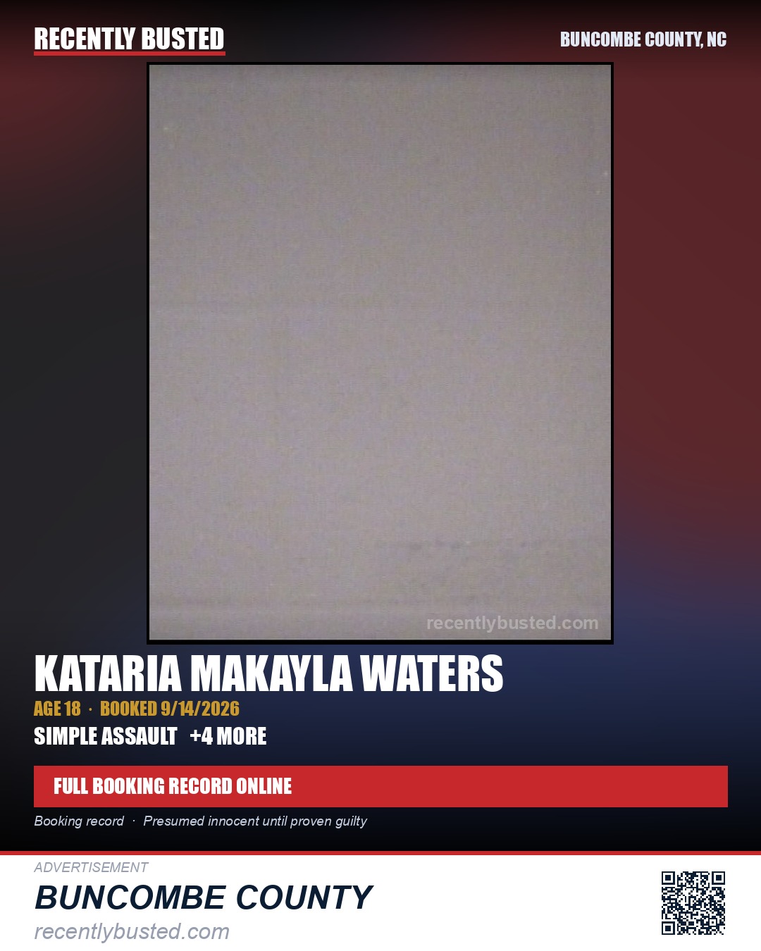 KATARIA MAKAYLA WATERS — arrest record card, Buncombe County, North Carolina