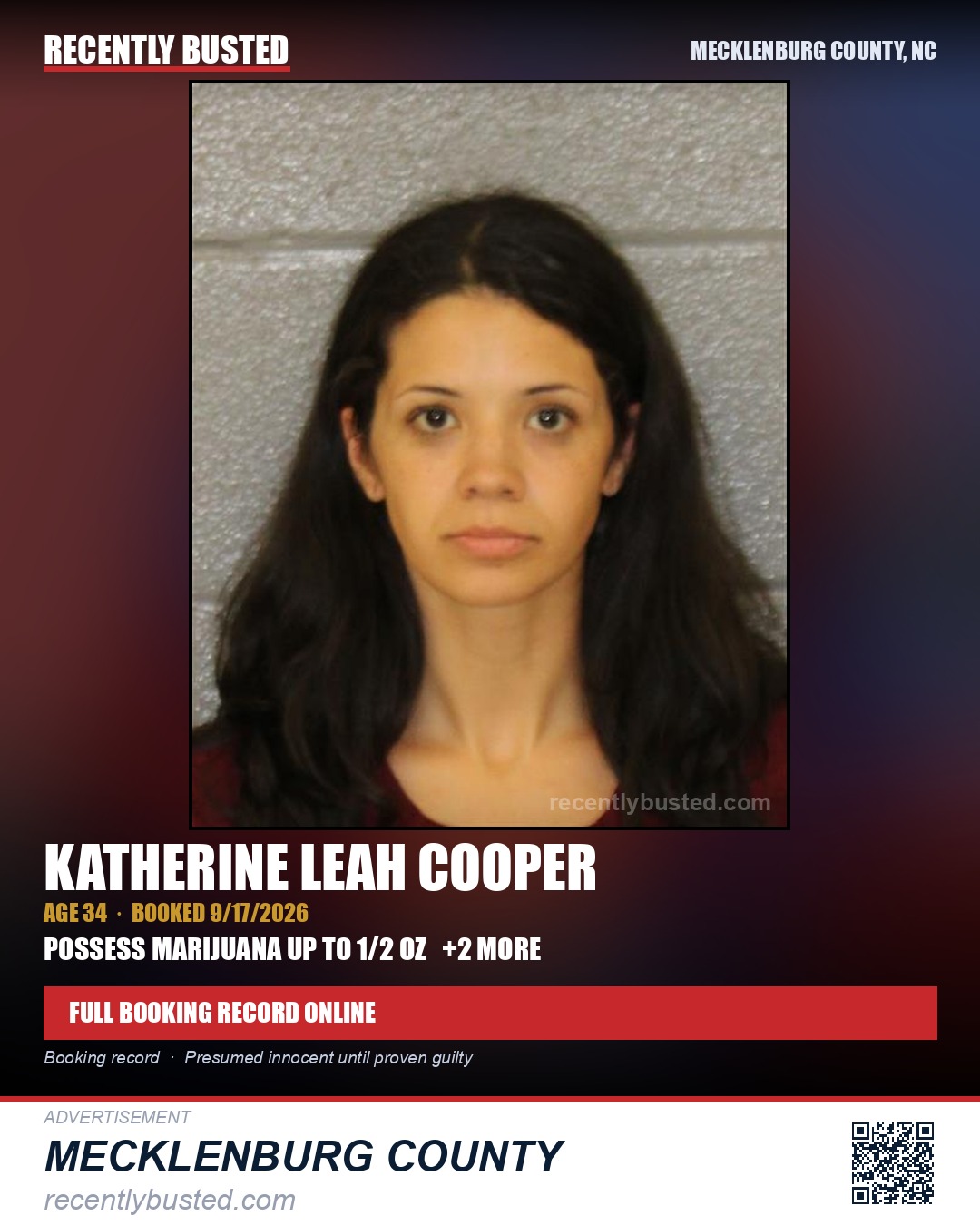 KATHERINE LEAH COOPER — arrest record card, Mecklenburg County, North Carolina