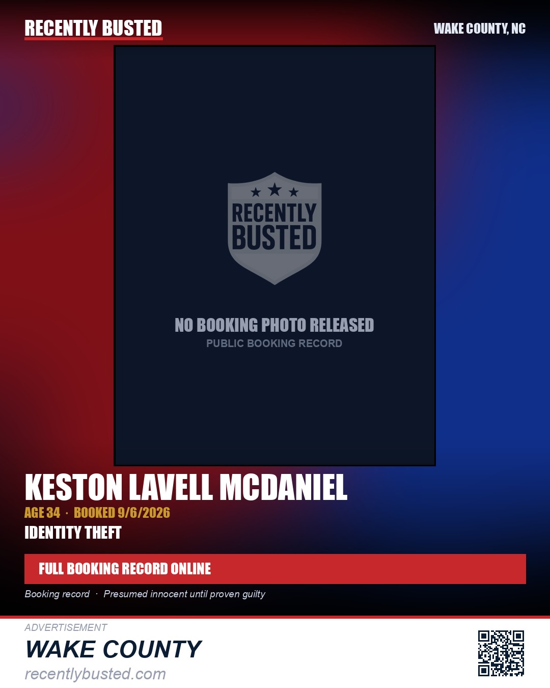 KESTON LAVELL MCDANIEL — arrest record card, Wake County, North Carolina