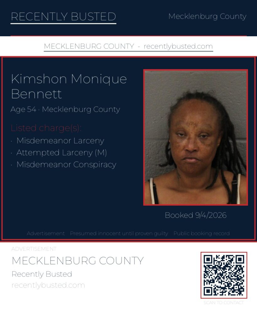 KIMSHON MONIQUE BENNETT — arrest record card, Mecklenburg County, North Carolina