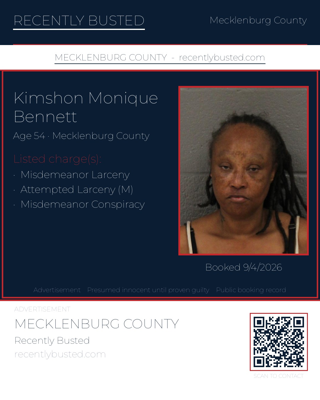 KIMSHON MONIQUE BENNETT — arrest record card, Mecklenburg County, North Carolina