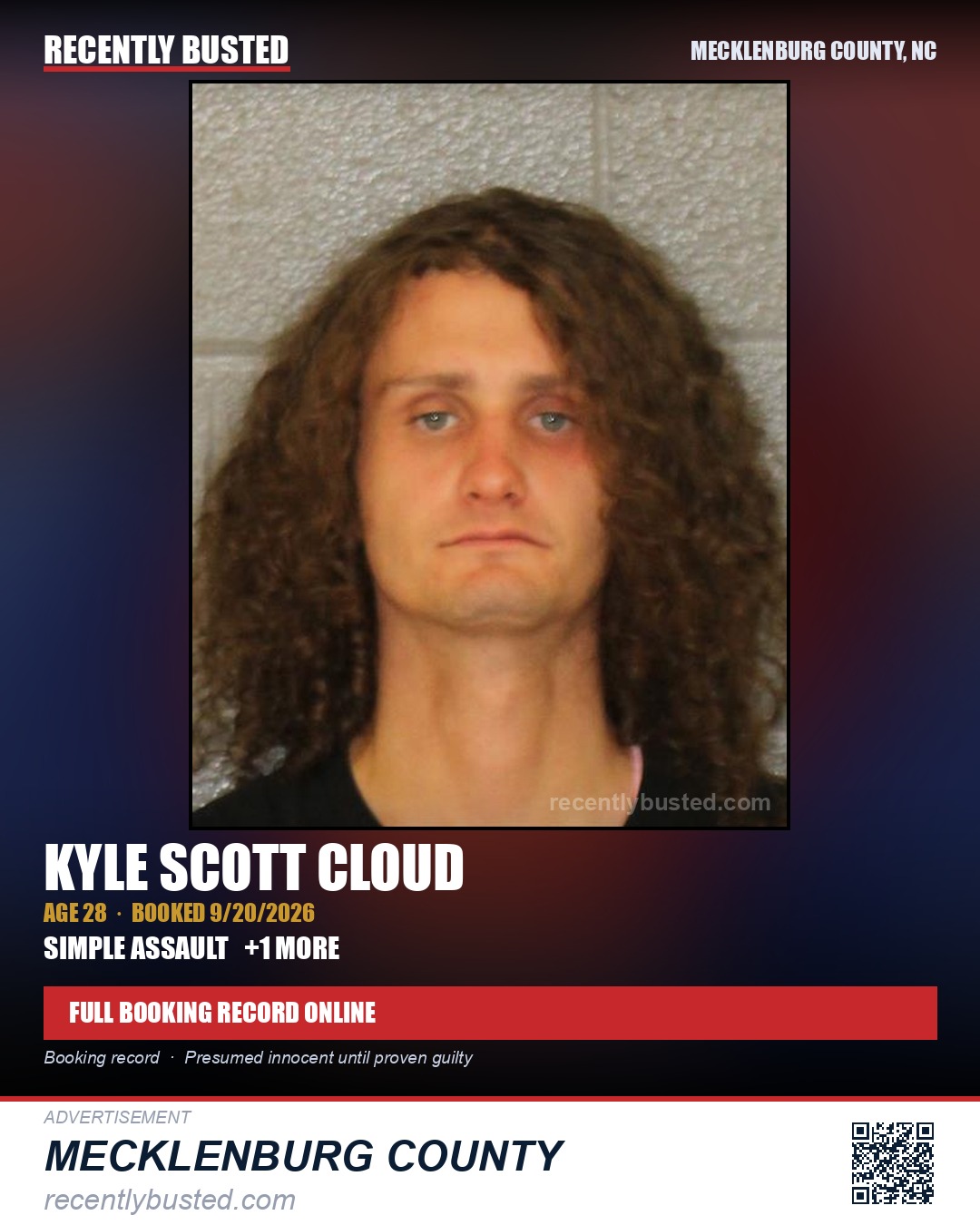 KYLE SCOTT CLOUD — arrest record card, Mecklenburg County, North Carolina