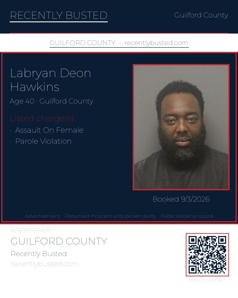 LABRYAN DEON HAWKINS — arrest record card, Guilford County, North Carolina
