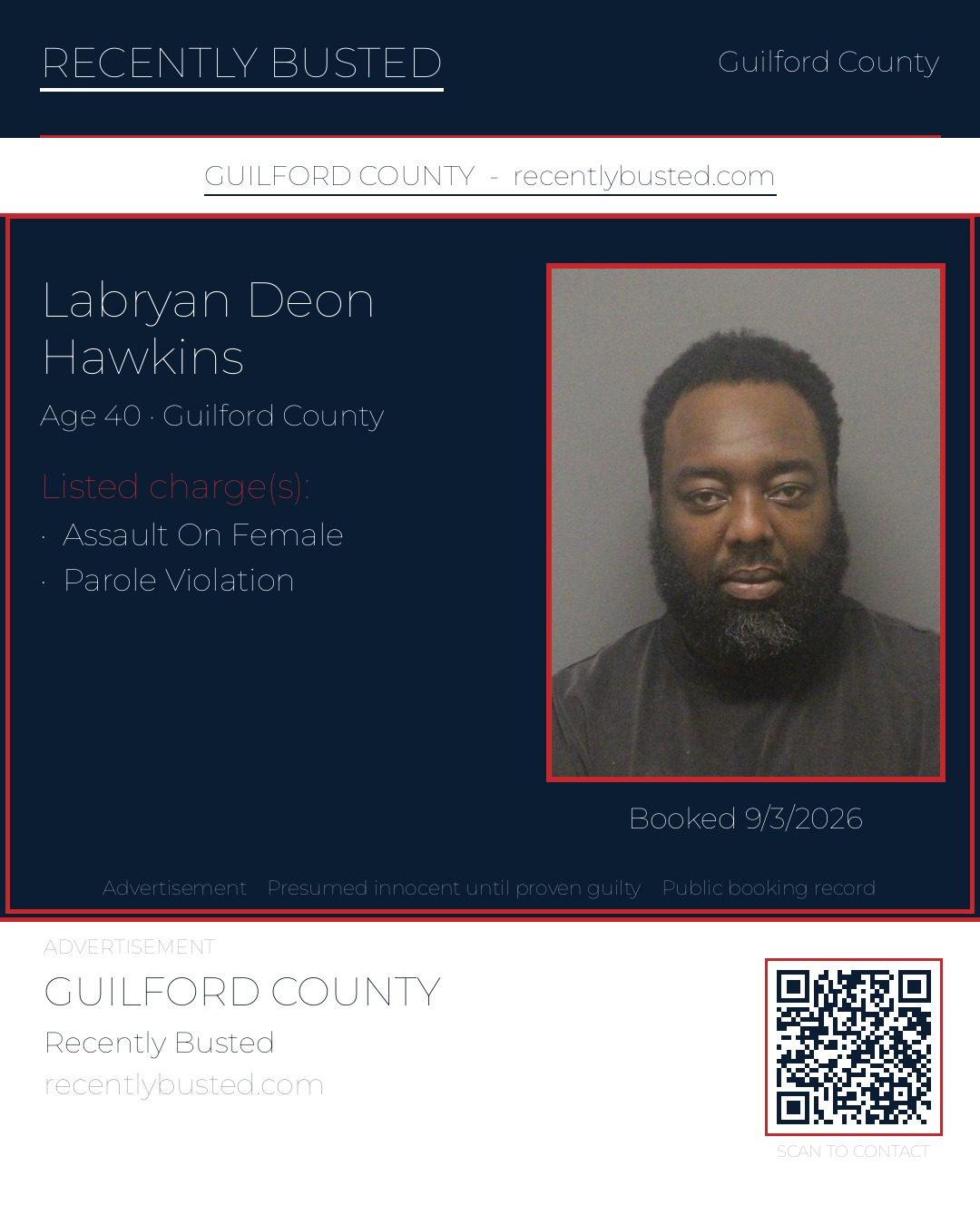 LABRYAN DEON HAWKINS — arrest record card, Guilford County, North Carolina