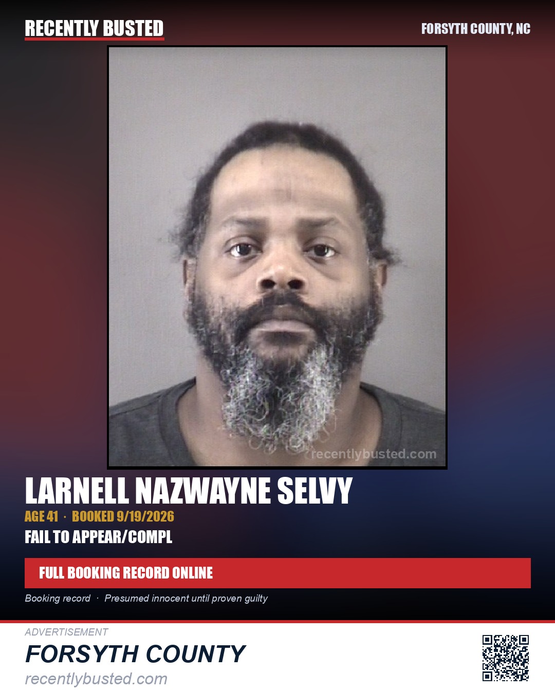 LARNELL NAZWAYNE SELVY — arrest record card, Forsyth County, North Carolina
