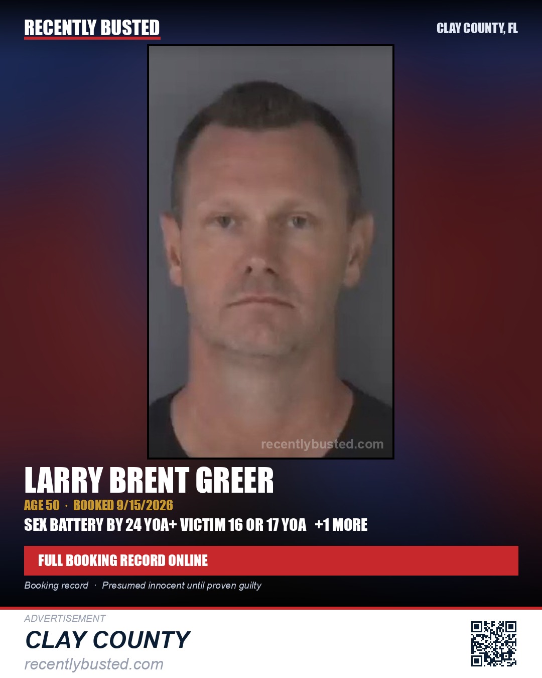 LARRY BRENT GREER — arrest record card, Clay County, Florida