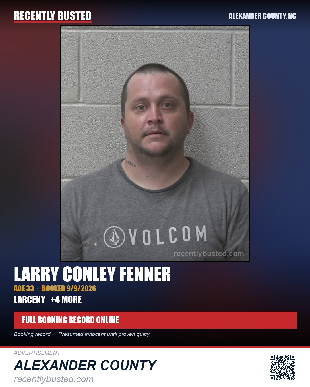 LARRY CONLEY FENNER — arrest record card, Alexander County, North Carolina