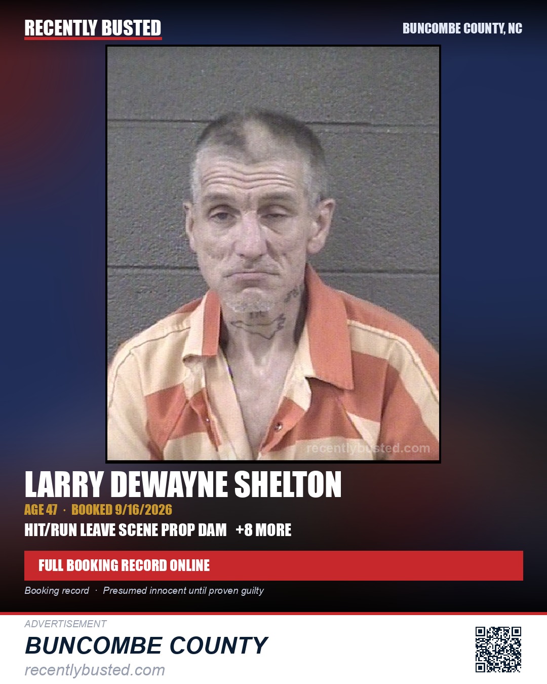 LARRY DEWAYNE SHELTON — arrest record card, Buncombe County, North Carolina