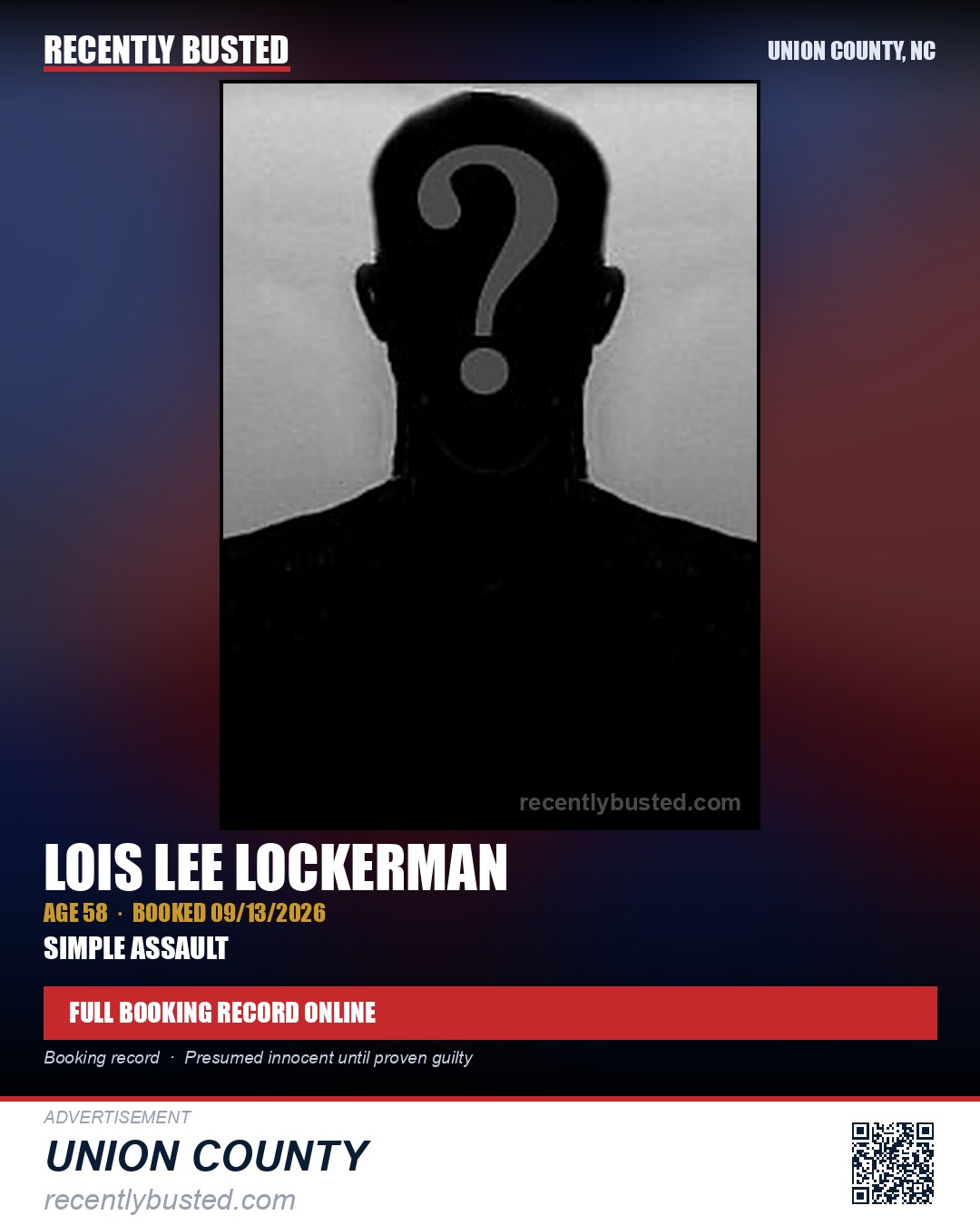 LOCKERMAN, LOIS LEE — arrest record card, Union County, North Carolina