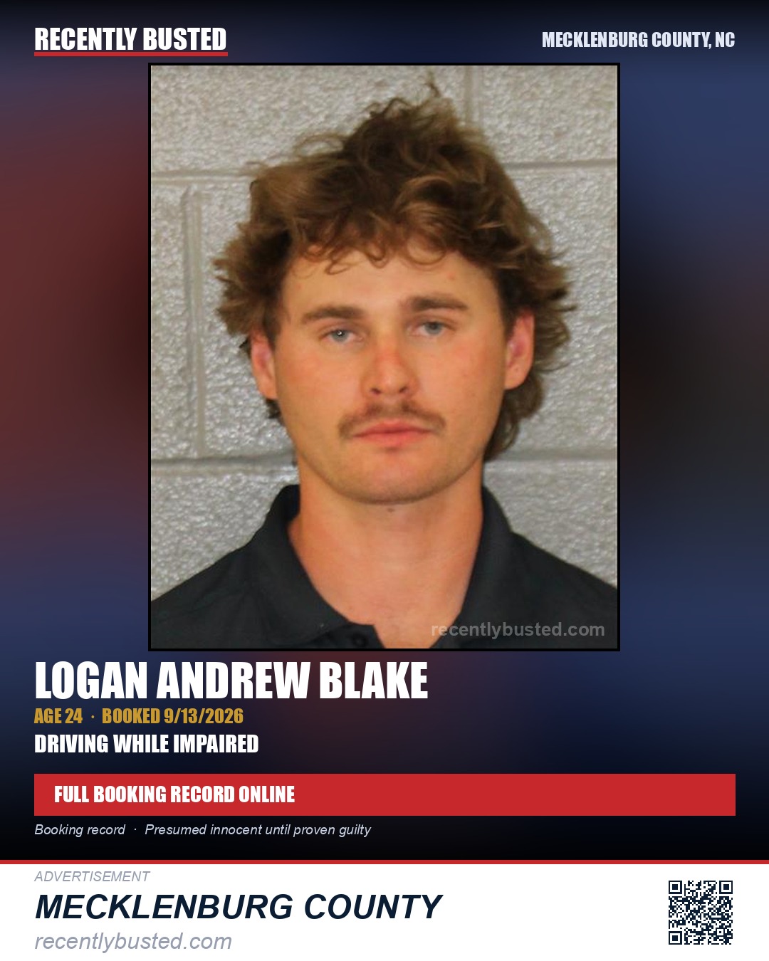LOGAN ANDREW BLAKE — arrest record card, Mecklenburg County, North Carolina