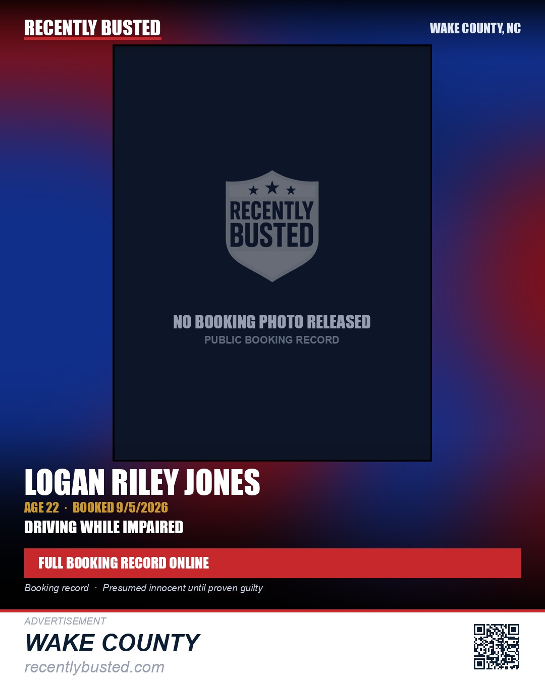 LOGAN RILEY JONES — arrest record card, Wake County, North Carolina