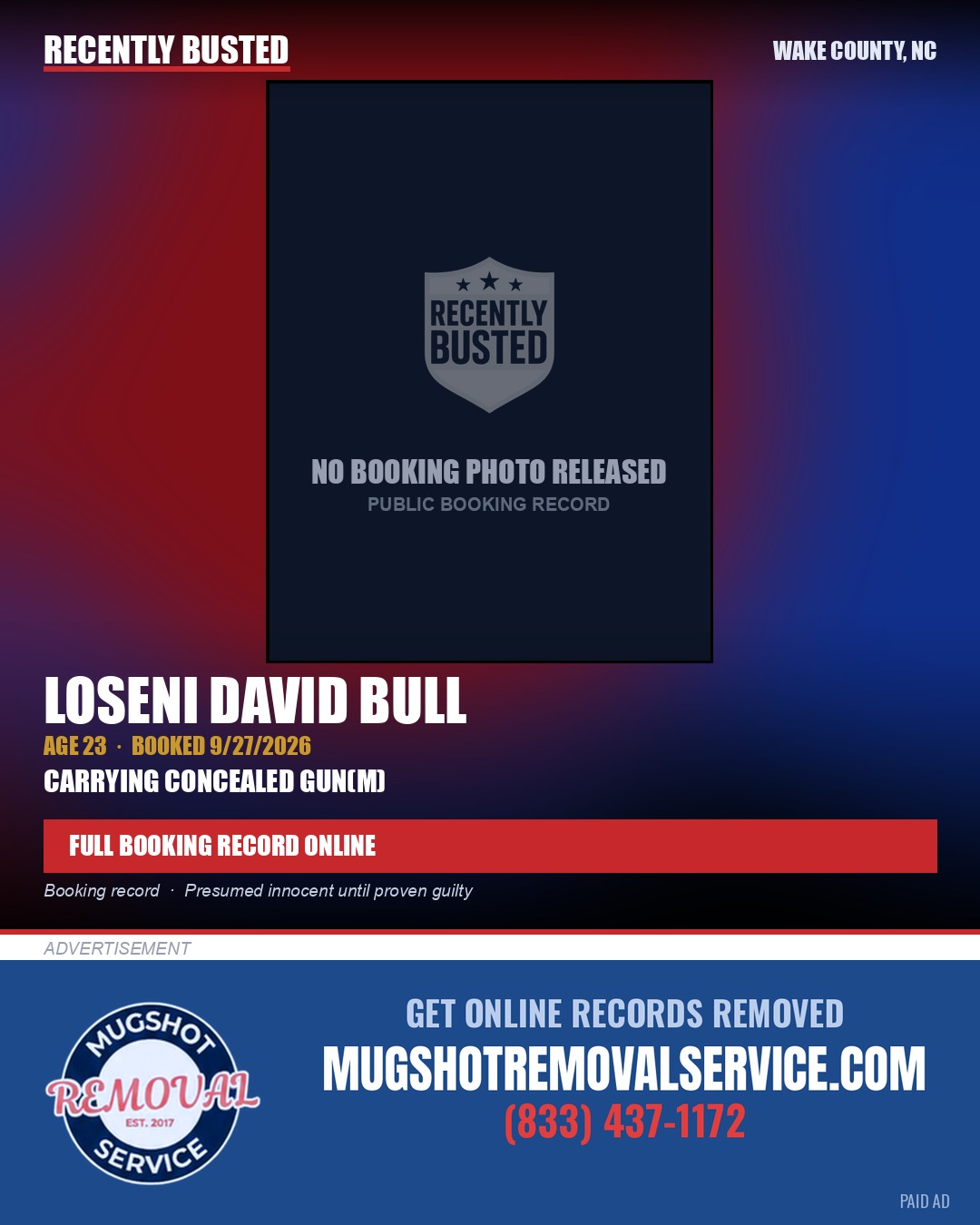 LOSENI DAVID BULL — arrest record card, Wake County, North Carolina