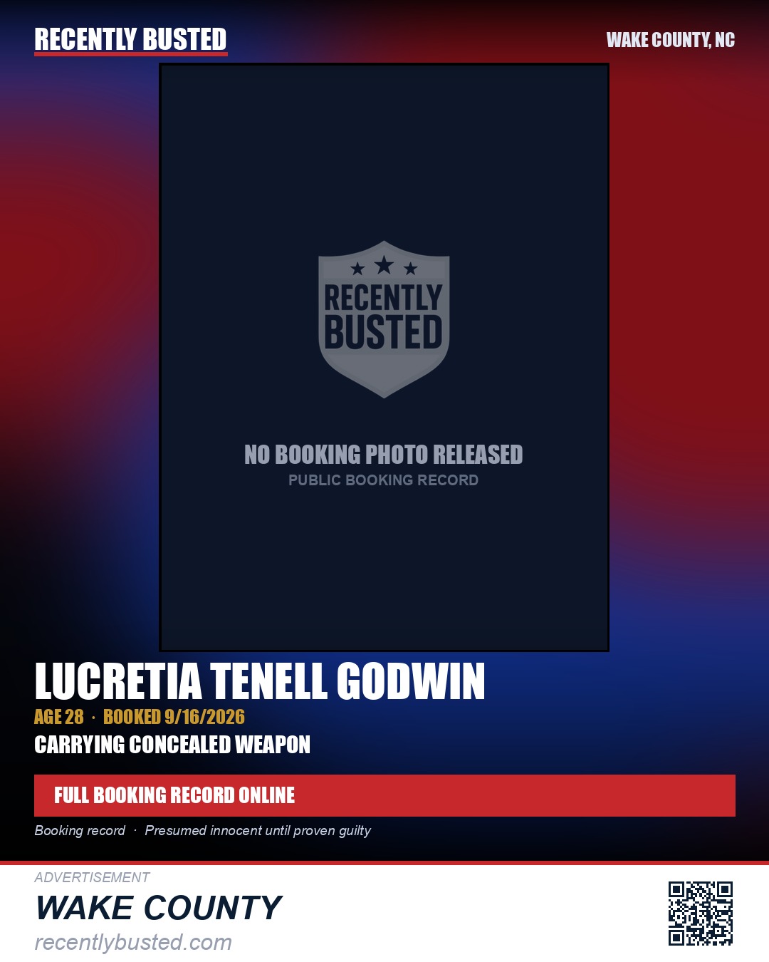 LUCRETIA TENELL GODWIN — arrest record card, Wake County, North Carolina