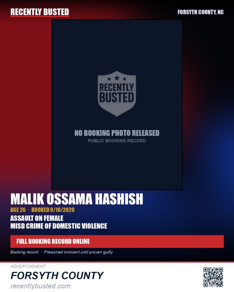 MALIK OSSAMA HASHISH — arrest record card, Forsyth County, North Carolina