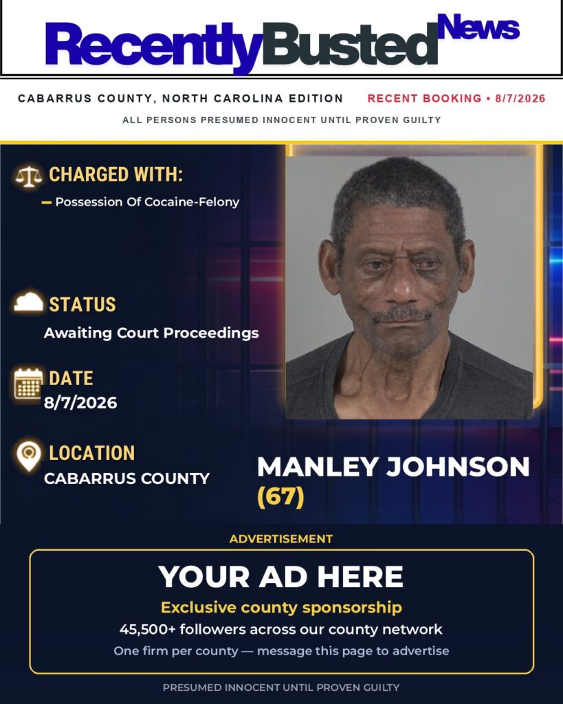 MANLEY JOHNSON — arrest record card, Cabarrus County