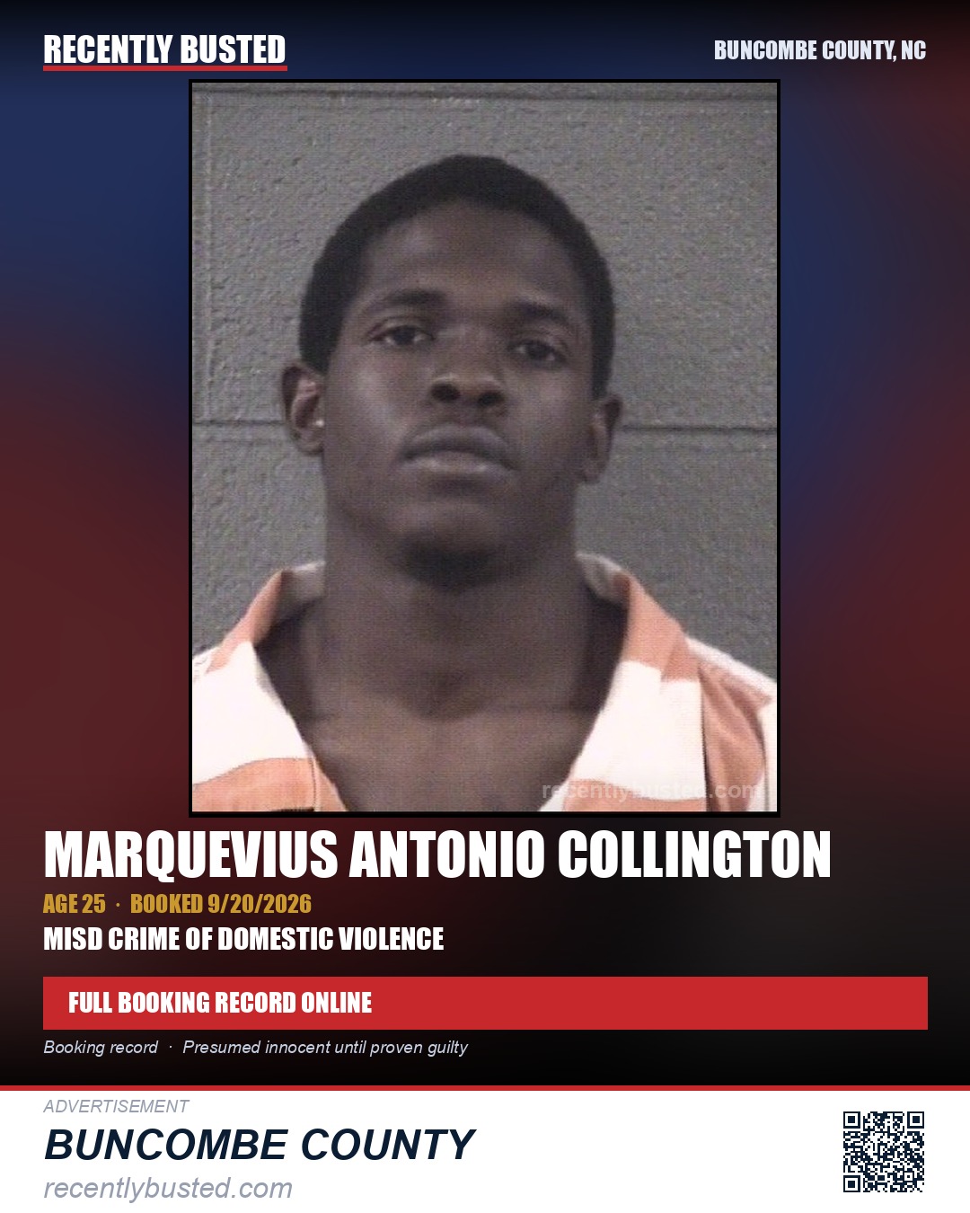 MARQUEVIUS ANTONIO COLLINGTON — arrest record card, Buncombe County, North Carolina
