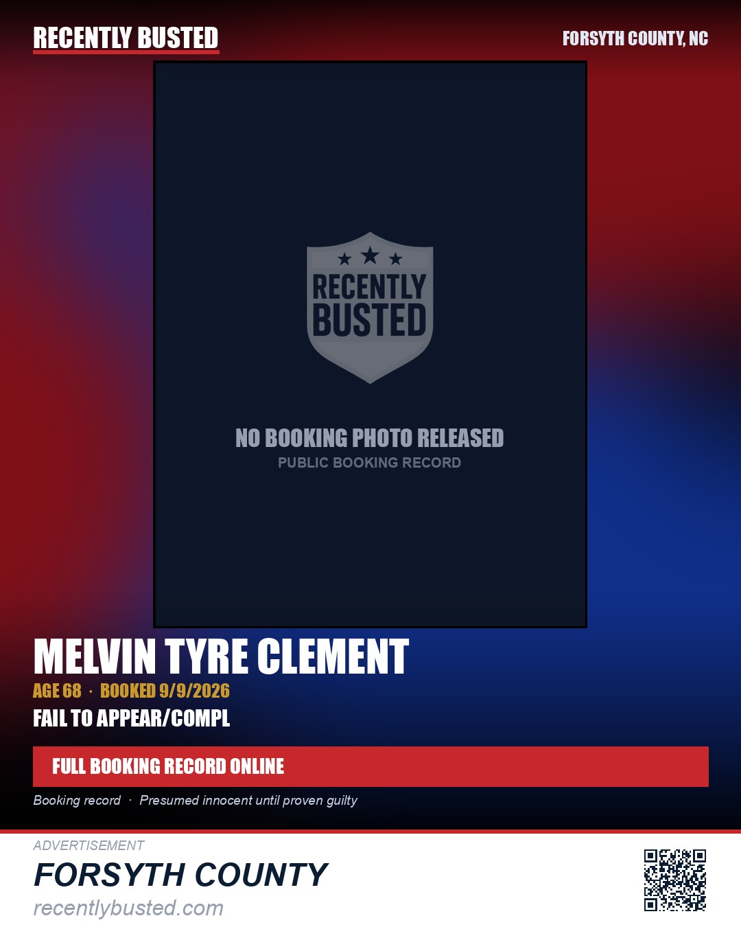 MELVIN TYRE CLEMENT — arrest record card, Forsyth County, North Carolina