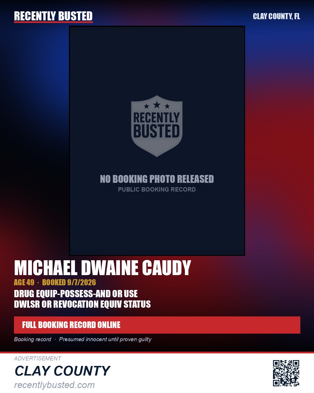 MICHAEL DWAINE CAUDY — arrest record card, Clay County, Florida