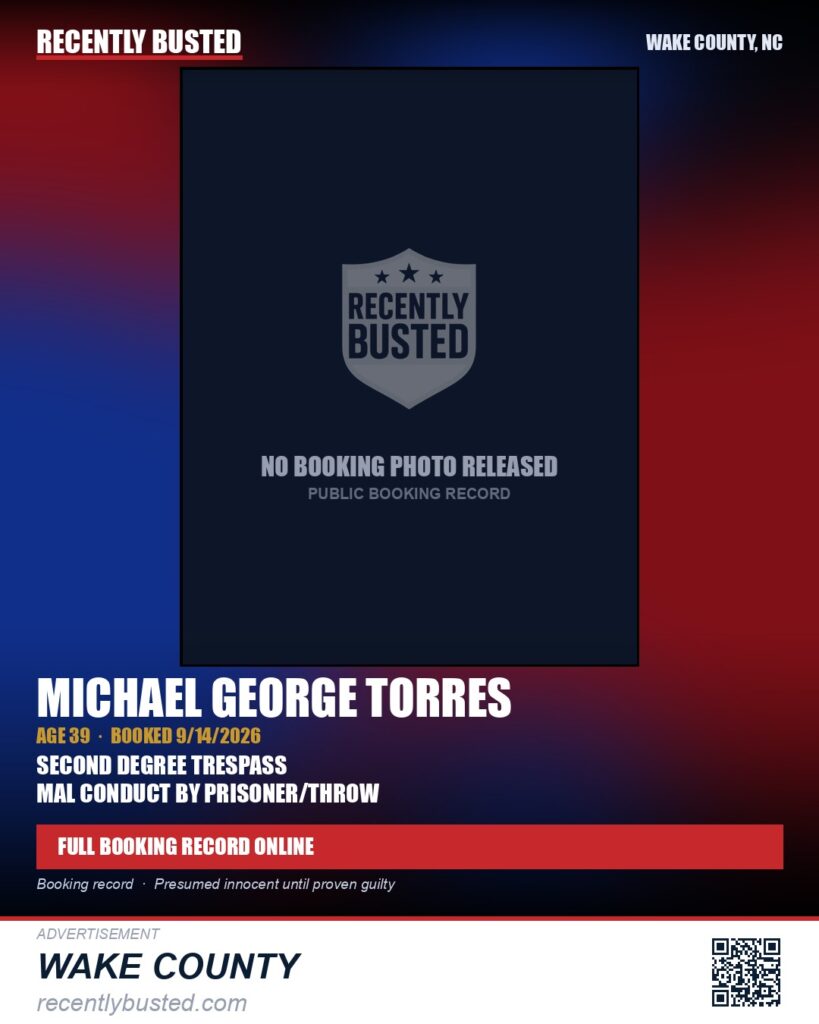 MICHAEL GEORGE TORRES — arrest record card, Wake County, North Carolina