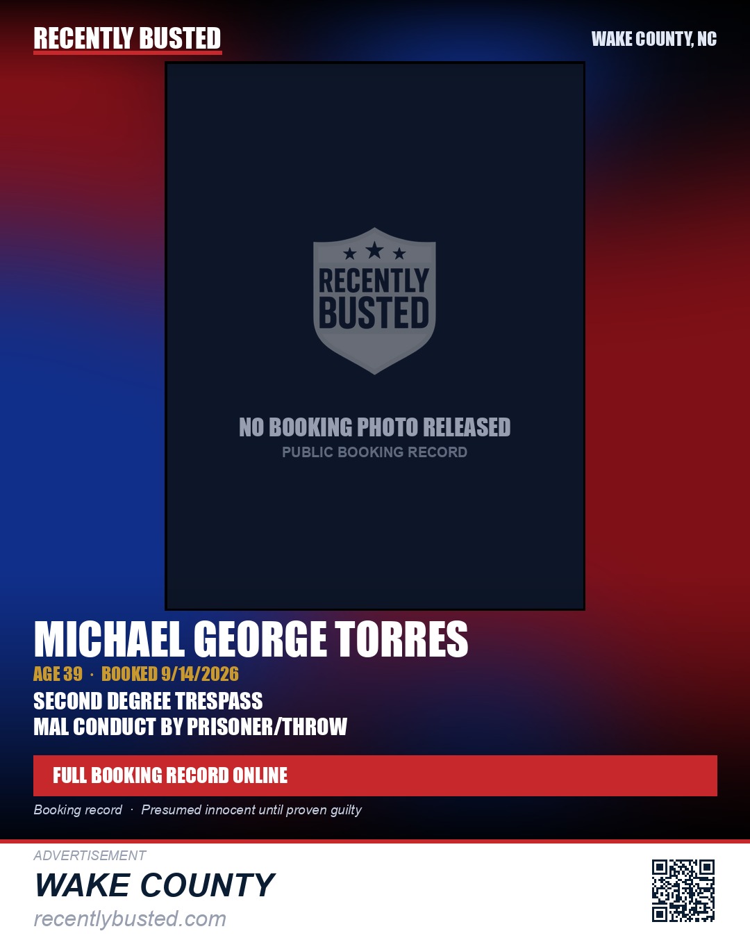 MICHAEL GEORGE TORRES — arrest record card, Wake County, North Carolina