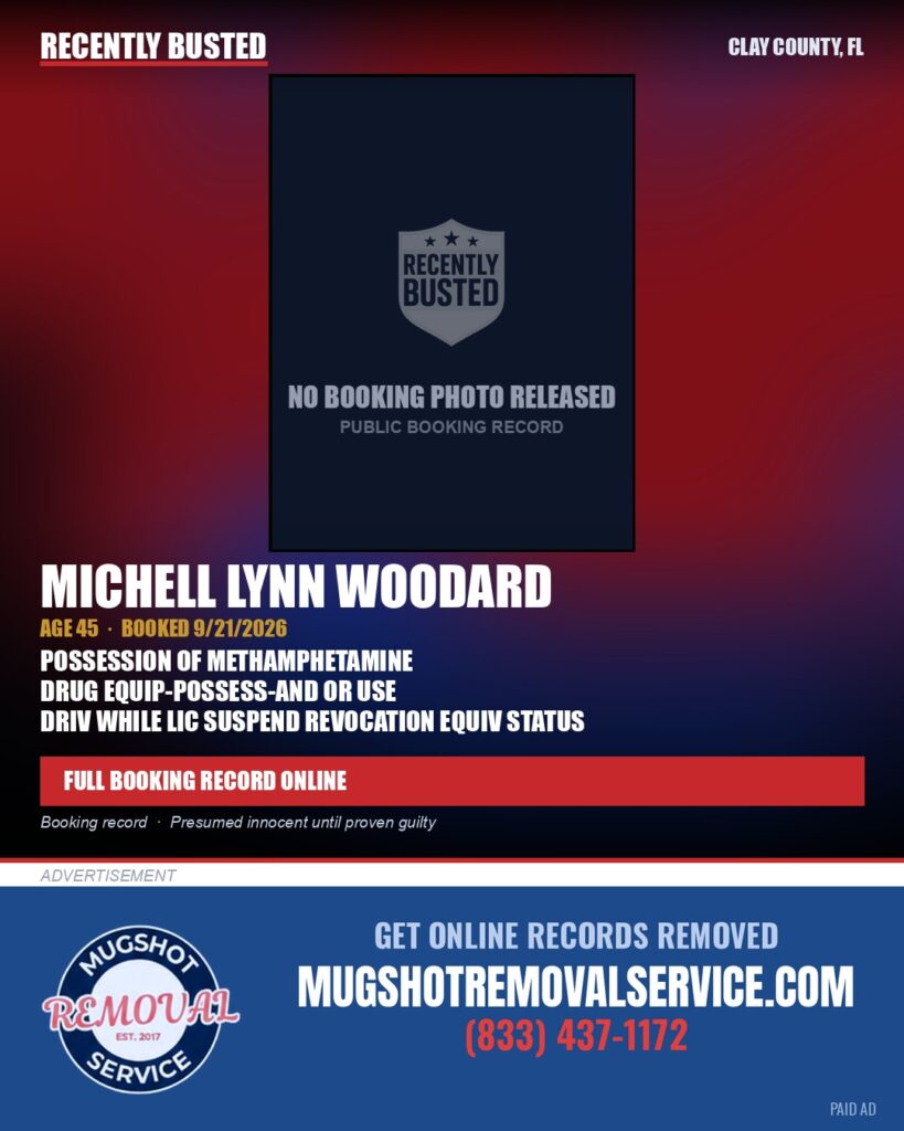 MICHELL LYNN WOODARD — arrest record card, Clay County, Florida