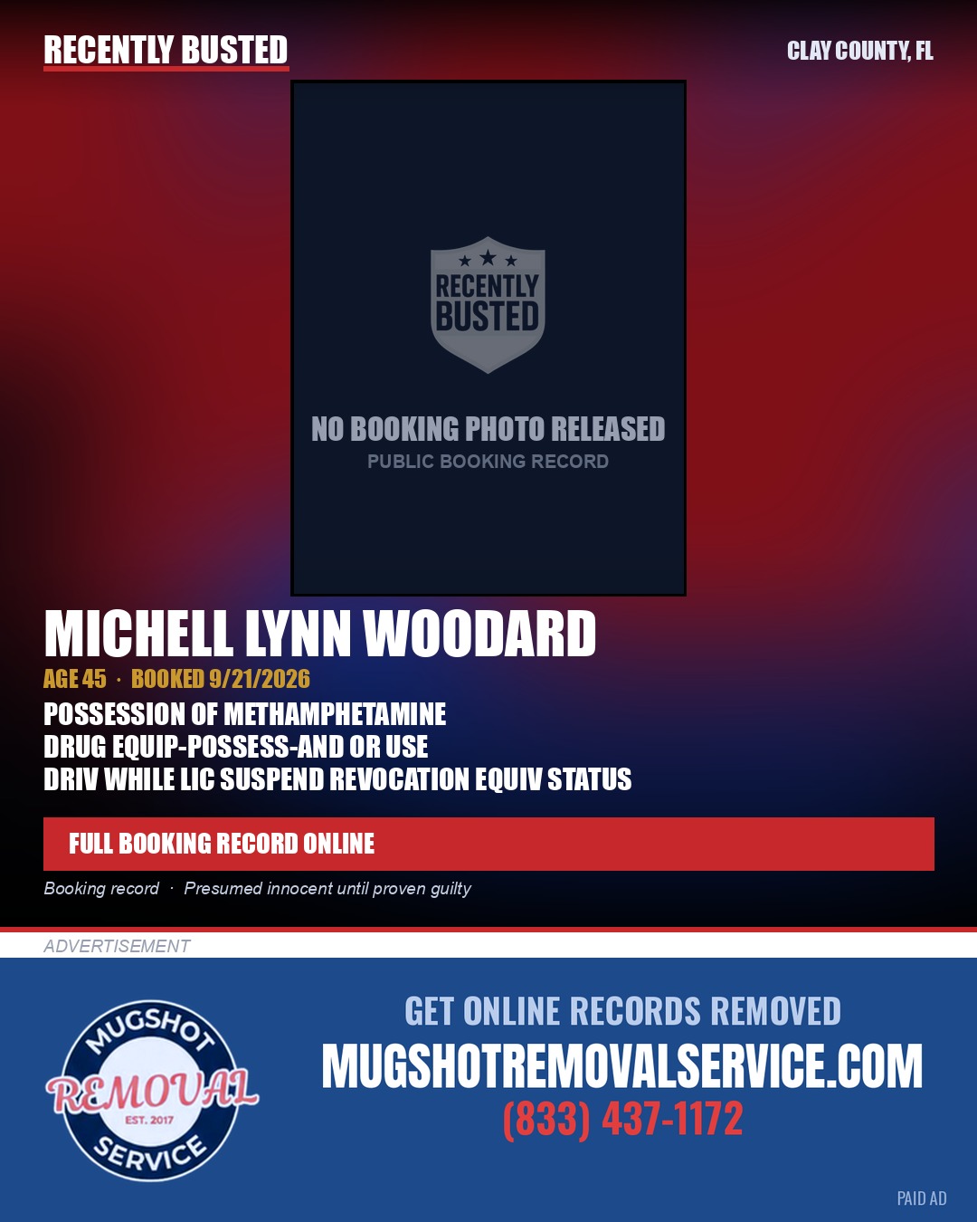 MICHELL LYNN WOODARD — arrest record card, Clay County, Florida