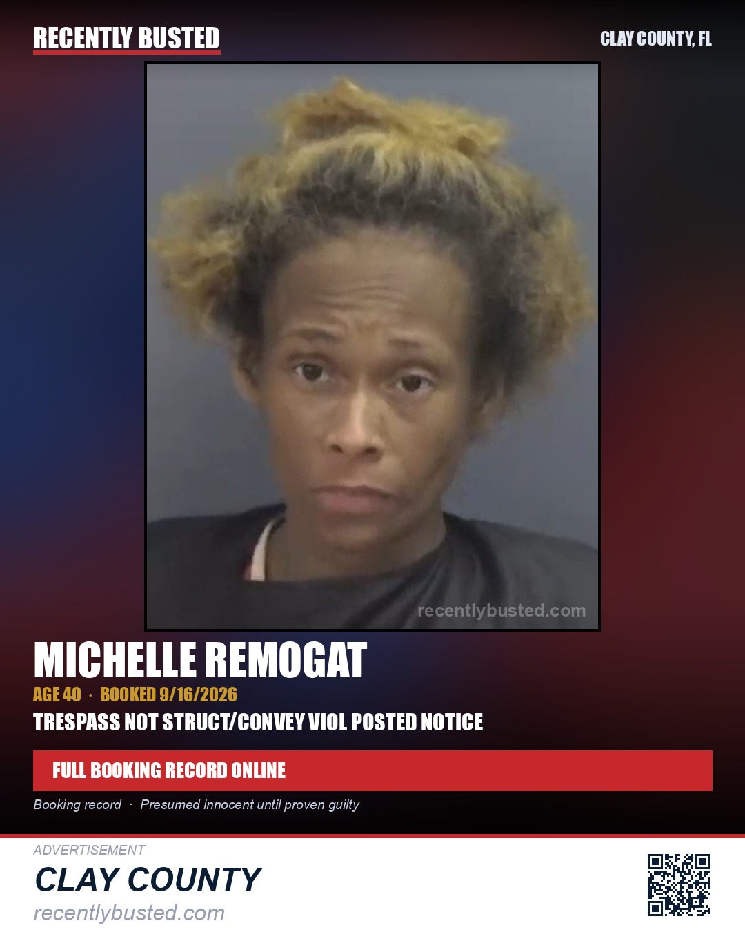 MICHELLE REMOGAT — arrest record card, Clay County, Florida