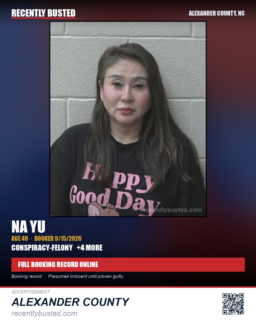 NA YU — arrest record card, Alexander County, North Carolina