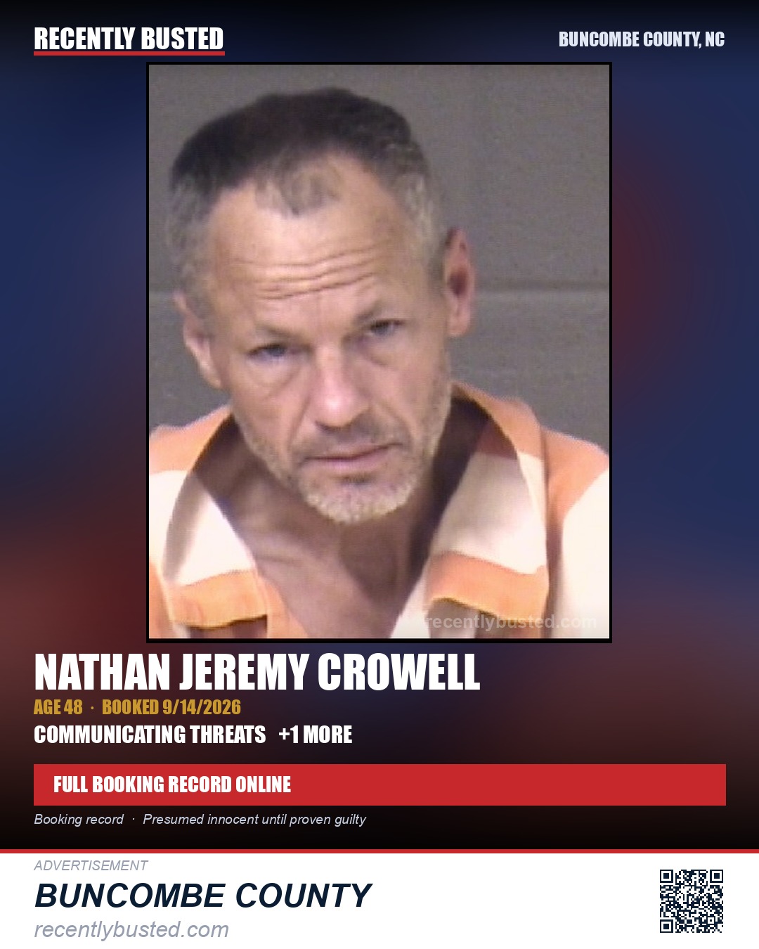 NATHAN JEREMY CROWELL — arrest record card, Buncombe County, North Carolina