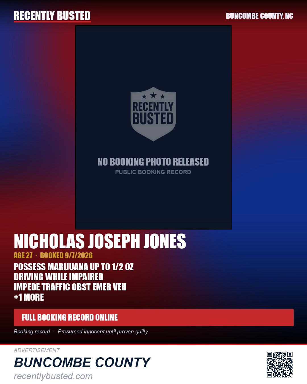 NICHOLAS JOSEPH JONES — arrest record card, Buncombe County, North Carolina