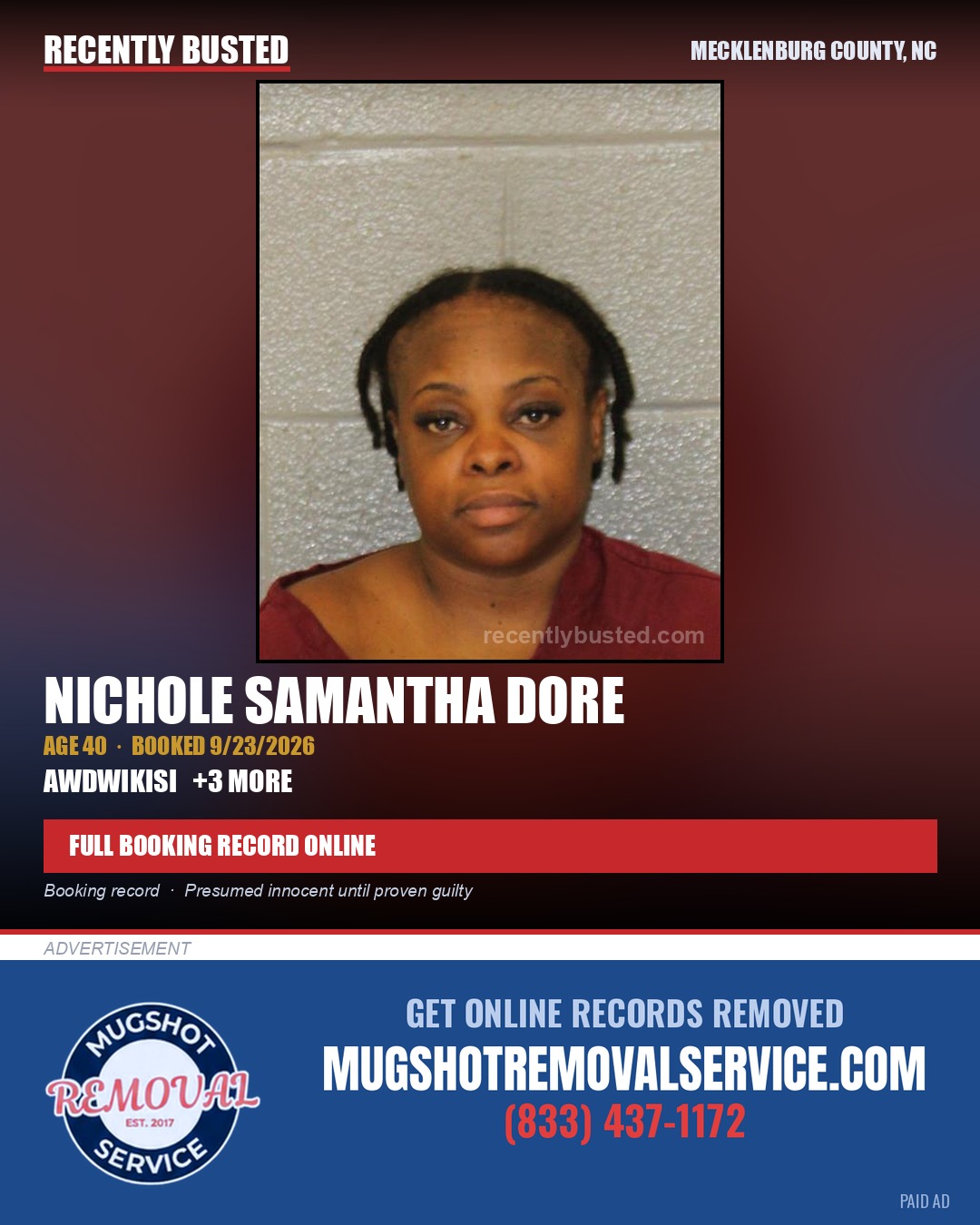 NICHOLE SAMANTHA DORE — arrest record card, Mecklenburg County, North Carolina