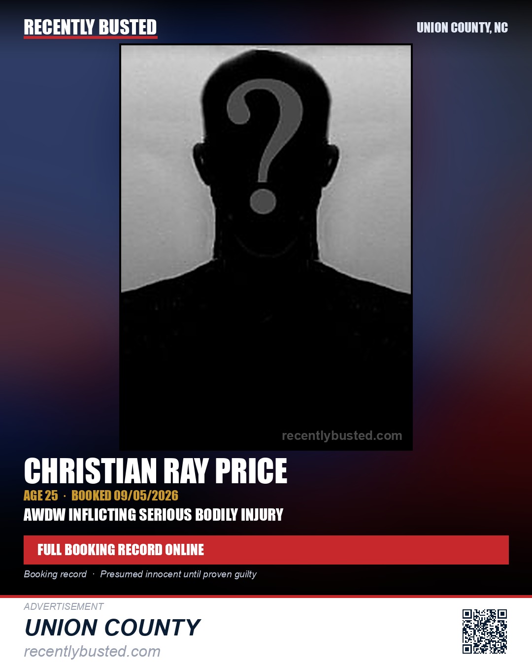PRICE, CHRISTIAN RAY — arrest record card, Union County, North Carolina