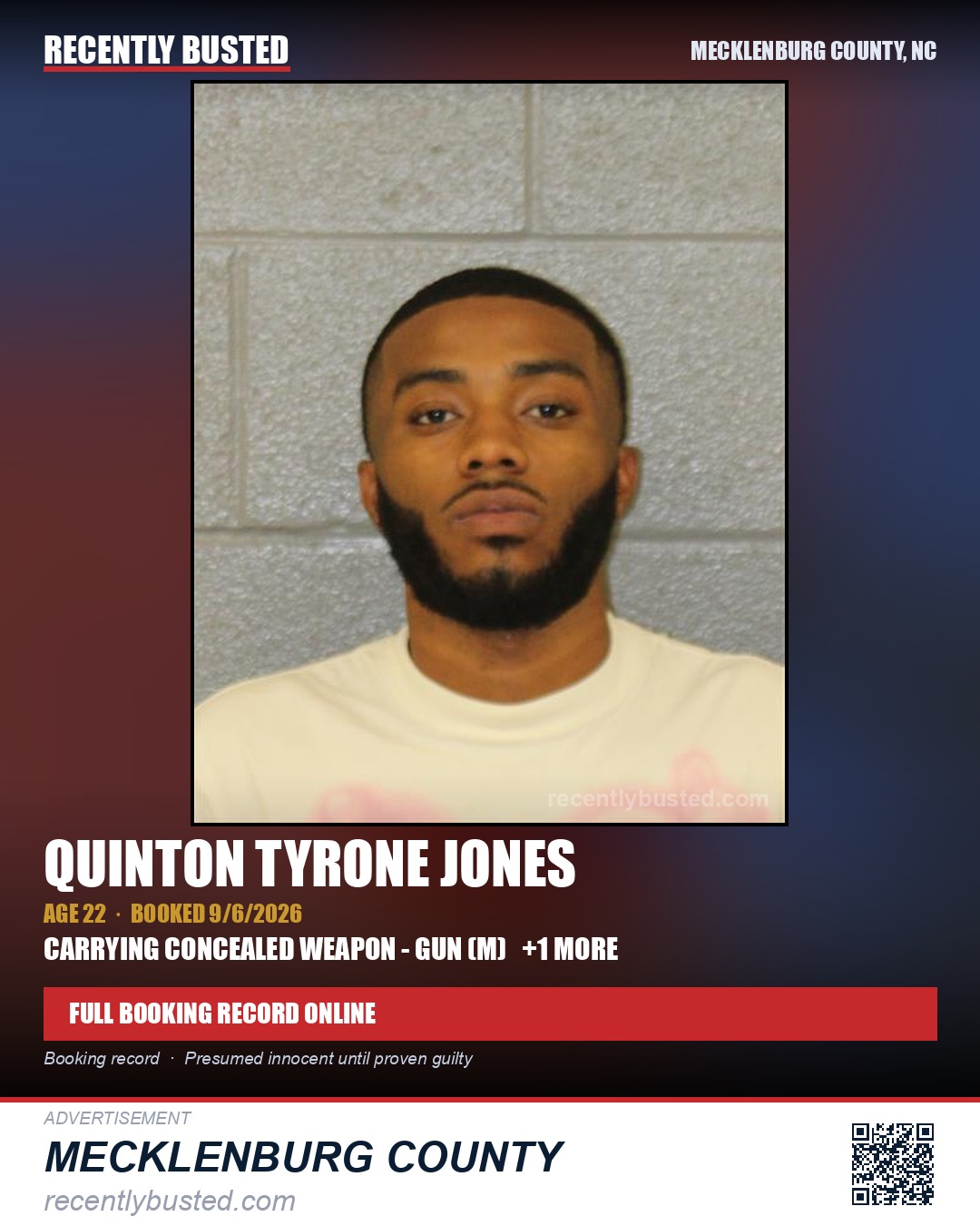 QUINTON TYRONE JONES — arrest record card, Mecklenburg County, North Carolina