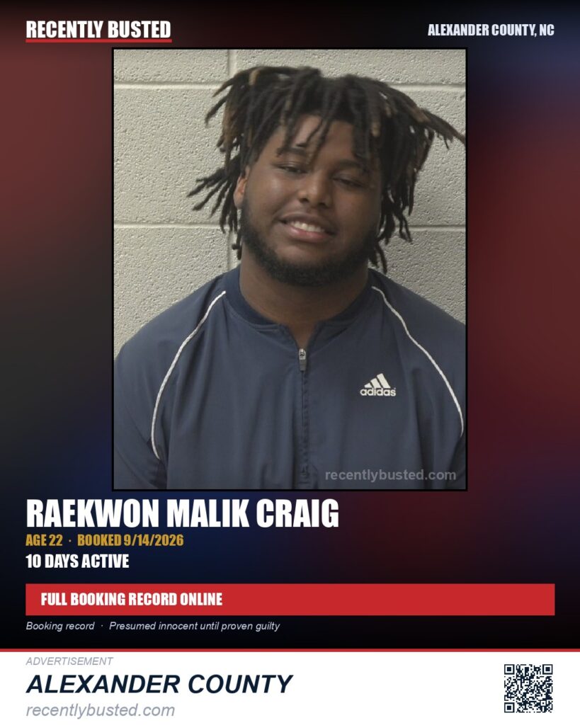 RAEKWON MALIK CRAIG — arrest record card, Alexander County, North Carolina