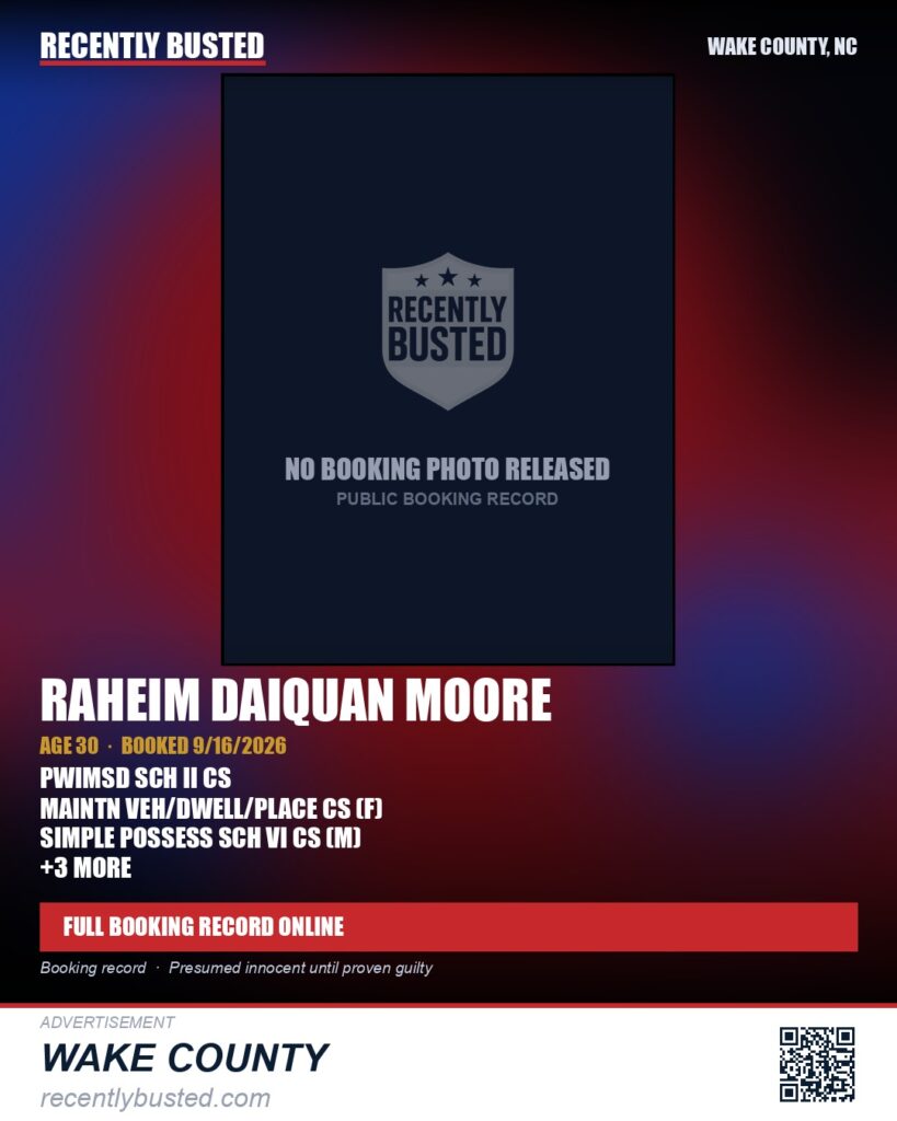 RAHEIM DAIQUAN MOORE — arrest record card, Wake County, North Carolina