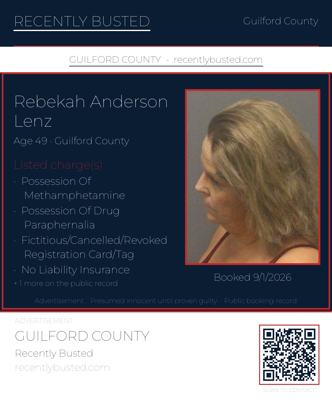 REBEKAH ANDERSON LENZ — arrest record card, Guilford County, North Carolina