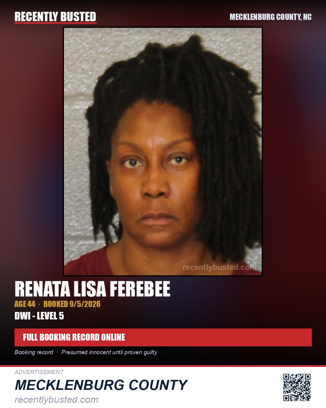 RENATA LISA FEREBEE — arrest record card, Mecklenburg County, North Carolina