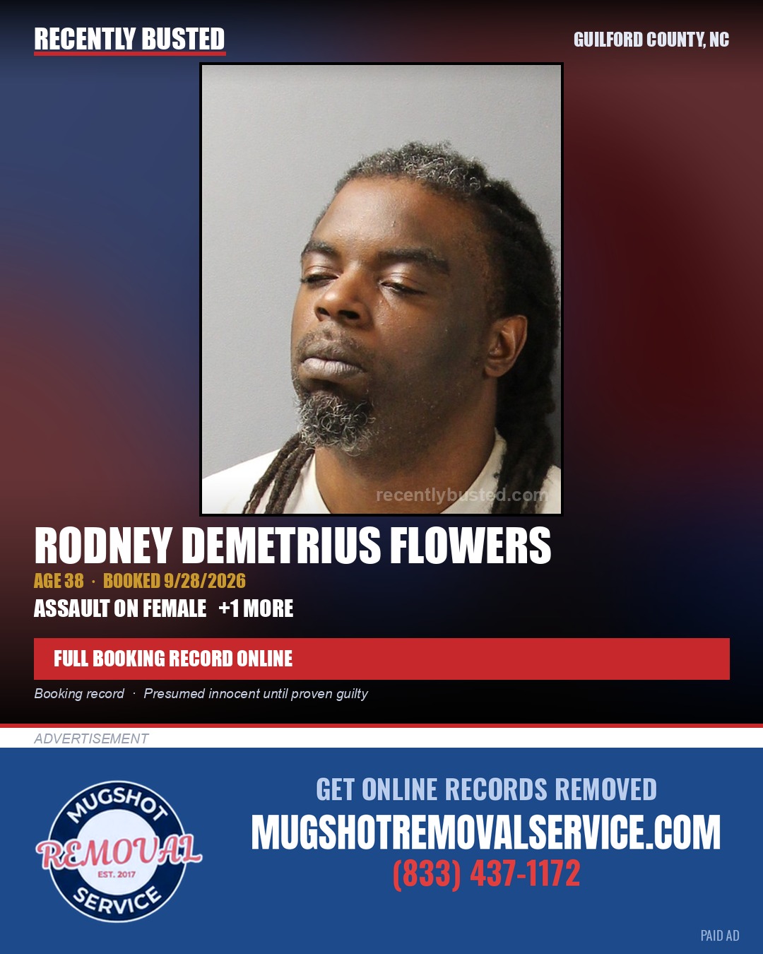 RODNEY DEMETRIUS FLOWERS — arrest record card, Guilford County, North Carolina