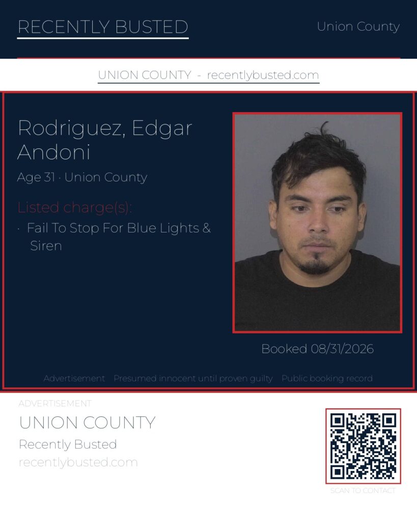 RODRIGUEZ, EDGAR ANDONI — arrest record card, Union County, North Carolina