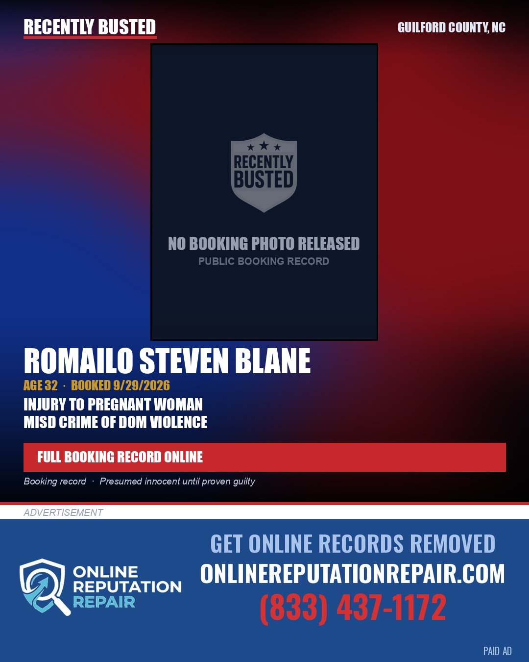 ROMAILO STEVEN BLANE — arrest record card, Guilford County, North Carolina