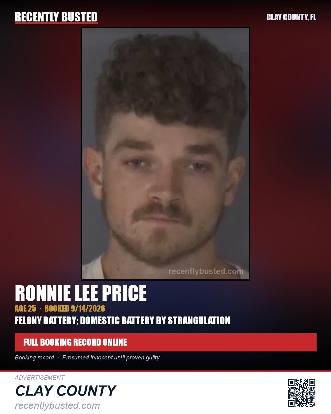 RONNIE LEE PRICE — arrest record card, Clay County, Florida