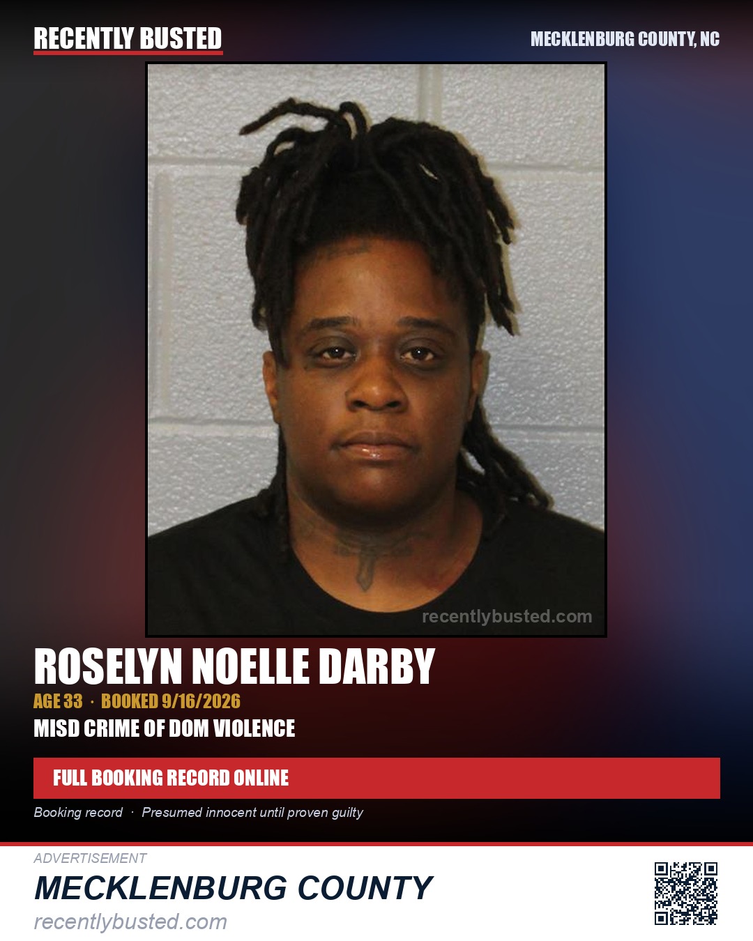 ROSELYN NOELLE DARBY — arrest record card, Mecklenburg County, North Carolina