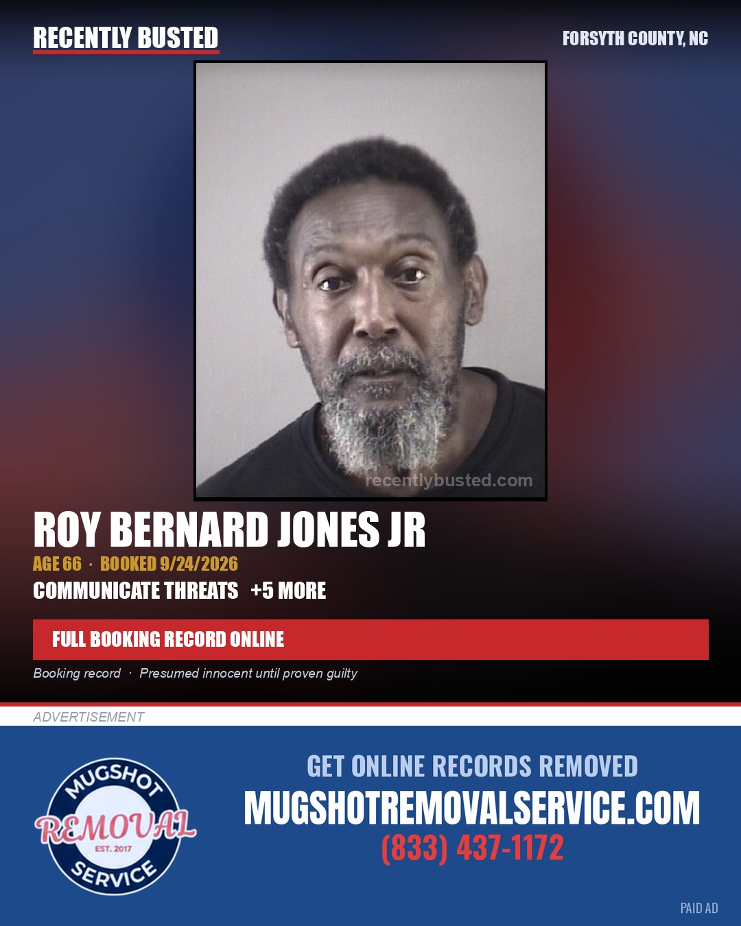 ROY BERNARD JONES JR — arrest record card, Forsyth County, North Carolina