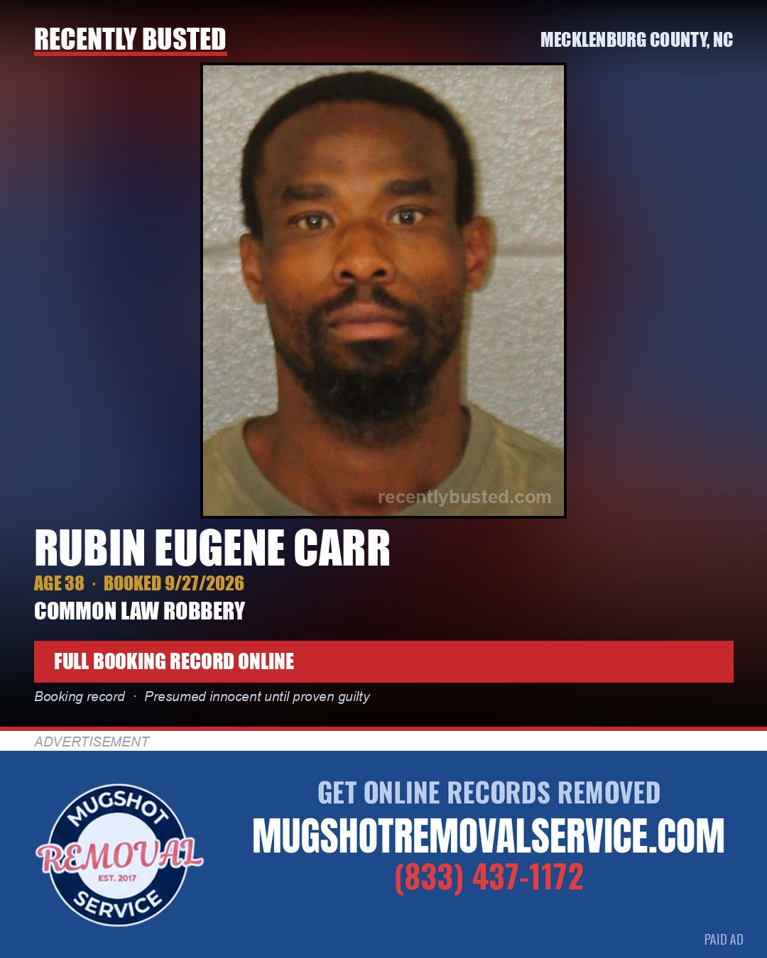 RUBIN EUGENE CARR — arrest record card, Mecklenburg County, North Carolina