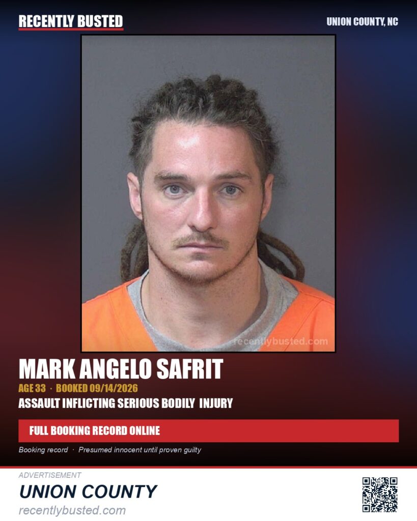 SAFRIT, MARK ANGELO — arrest record card, Union County, North Carolina